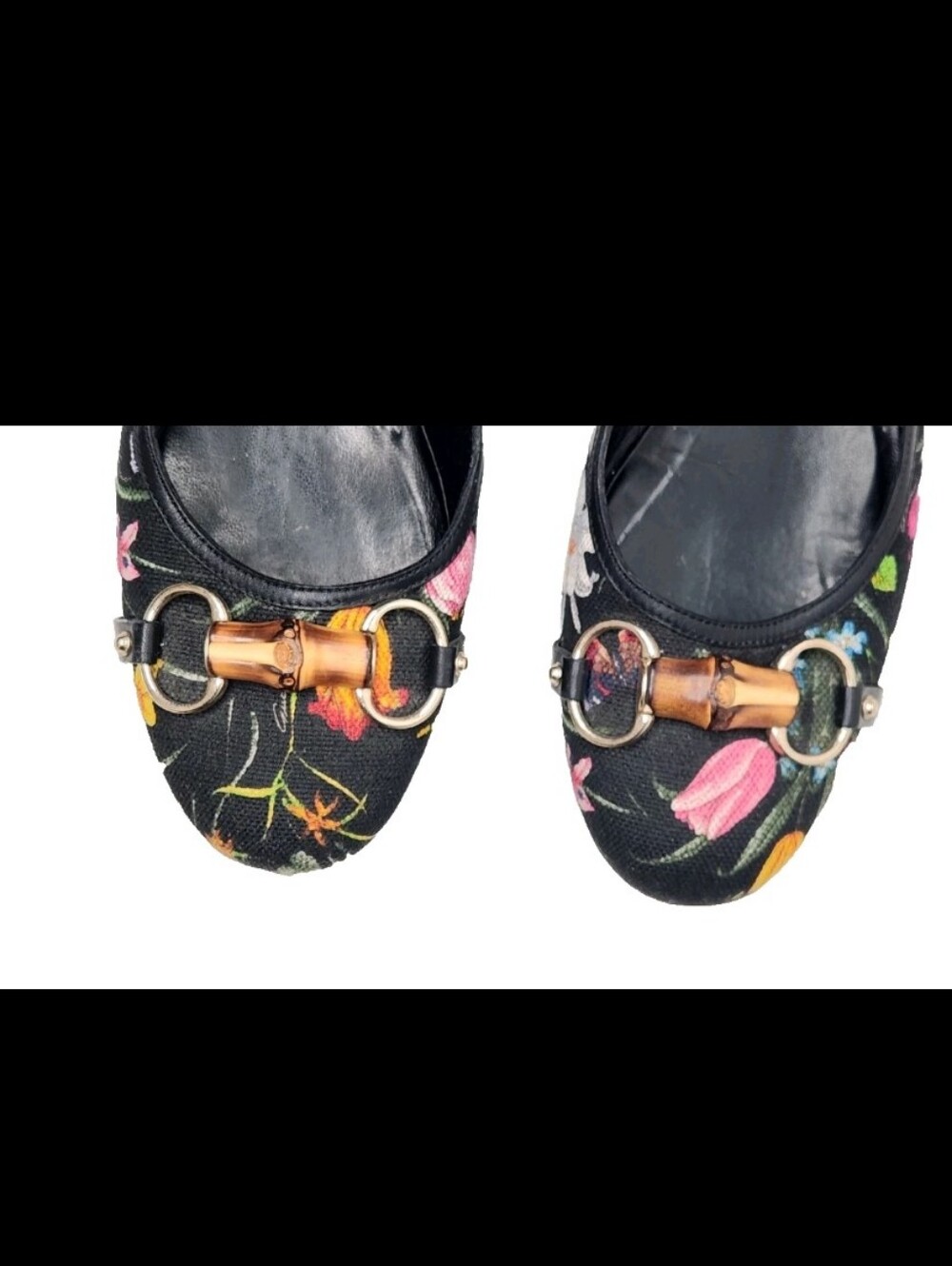 Gucci Floral Flats Horse-bit Leather Fabric Black Shoes Bamboo Detail Italy9.5 B - Picture 4 of 15
